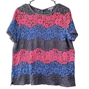 Express Womens Blouse Red Black Blue Floral Crochet Short Sleeve Round Neck L